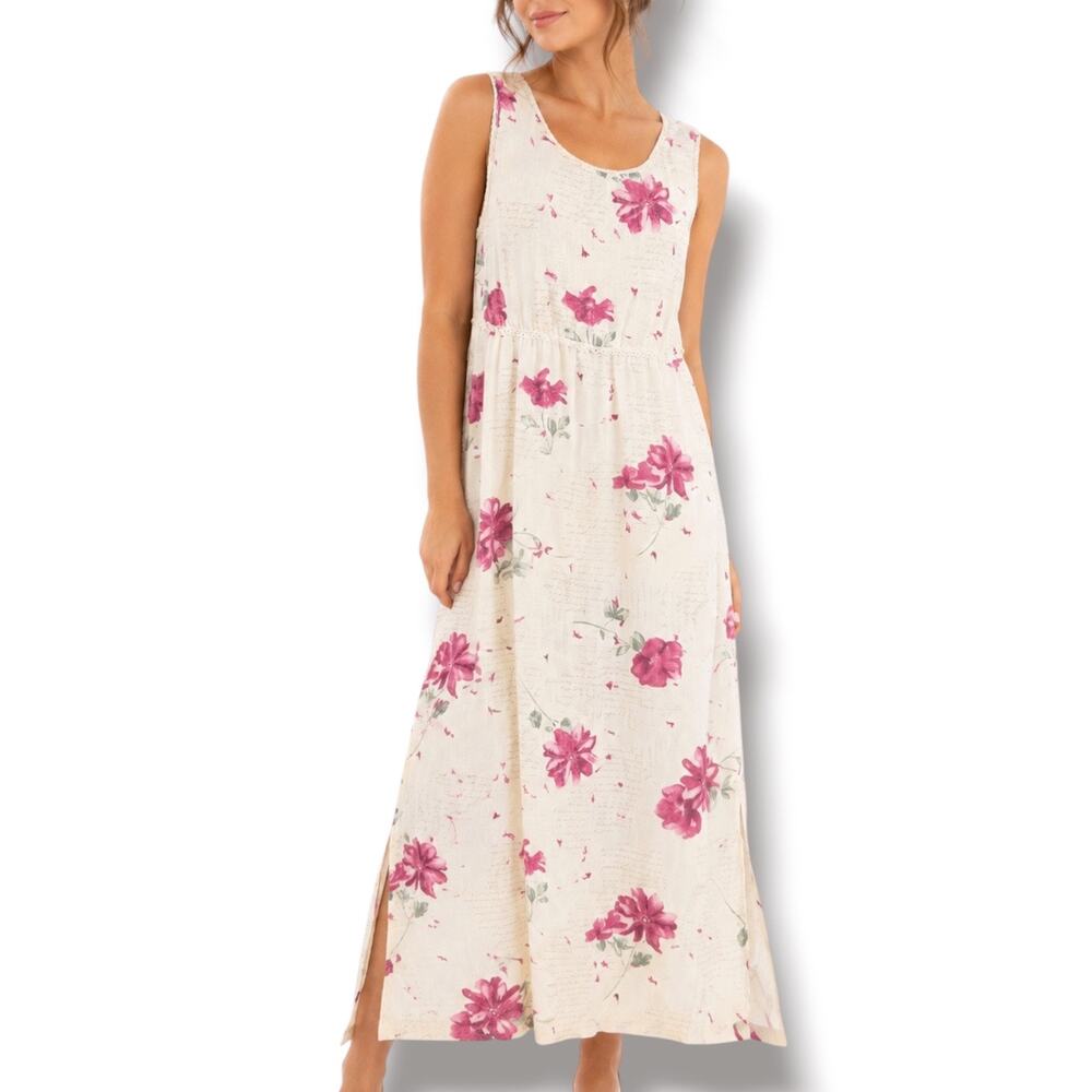 Vintage 90s Linen Maxi Dress Floral Script Print Empire Waist Romantic Petite